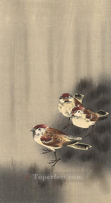 three tree sparrows in a rain shower Ohara Koson Shin hanga Oil Paintings